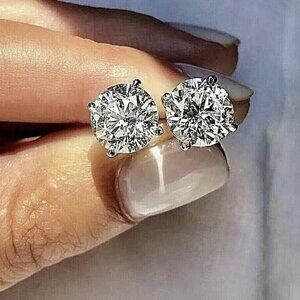 4CT Round Lab Diamond Stud Earrings 14K White Gold Brilliant Cut